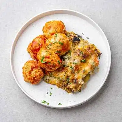 Caribbean Chicken Meatballs with Vegetable Gratin